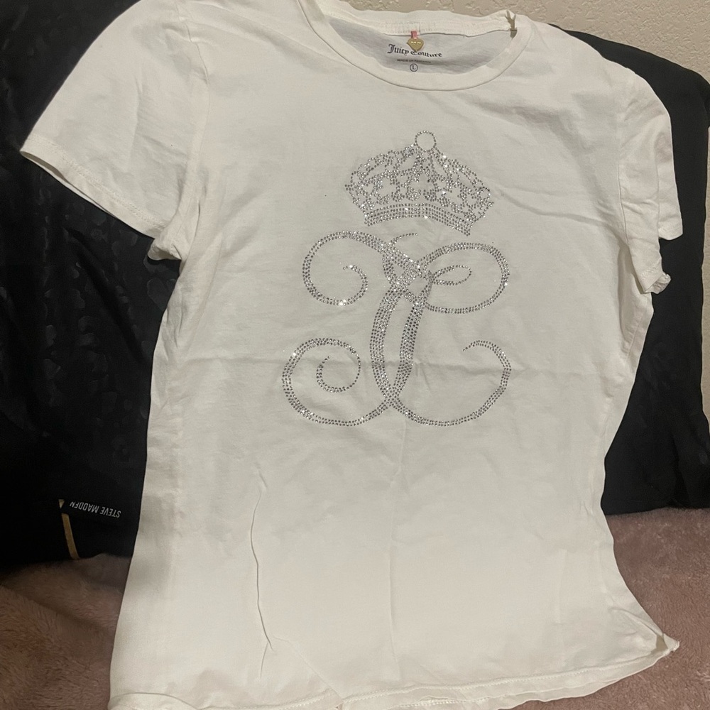 Juicy Couture White T-Shirt with Silver Crown Design like new
